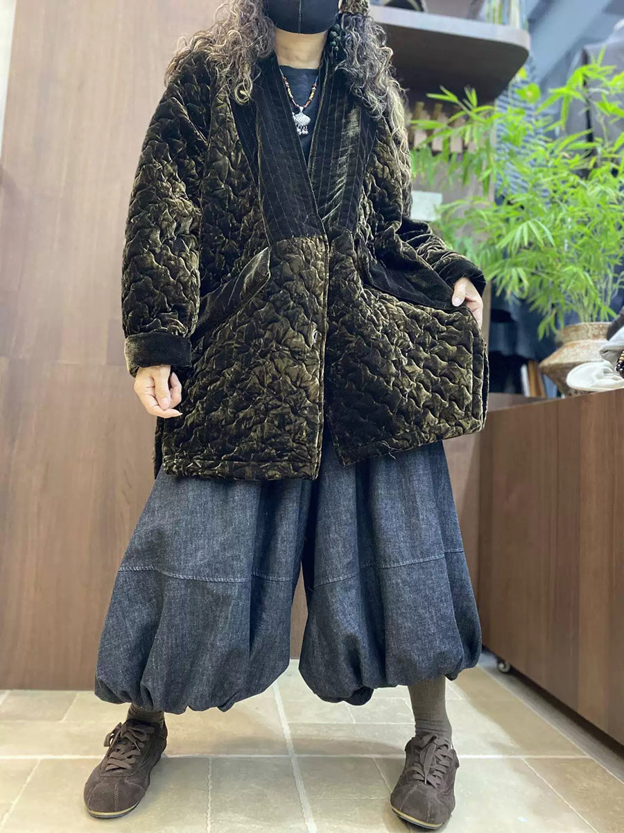 Women Winter Vintage Cotton Quilted Velvet Padded Coat