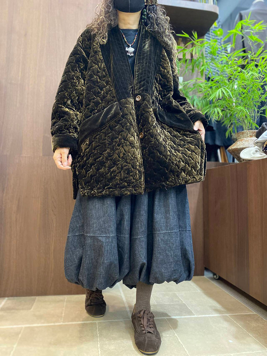 Women Winter Vintage Cotton Quilted Velvet Padded Coat