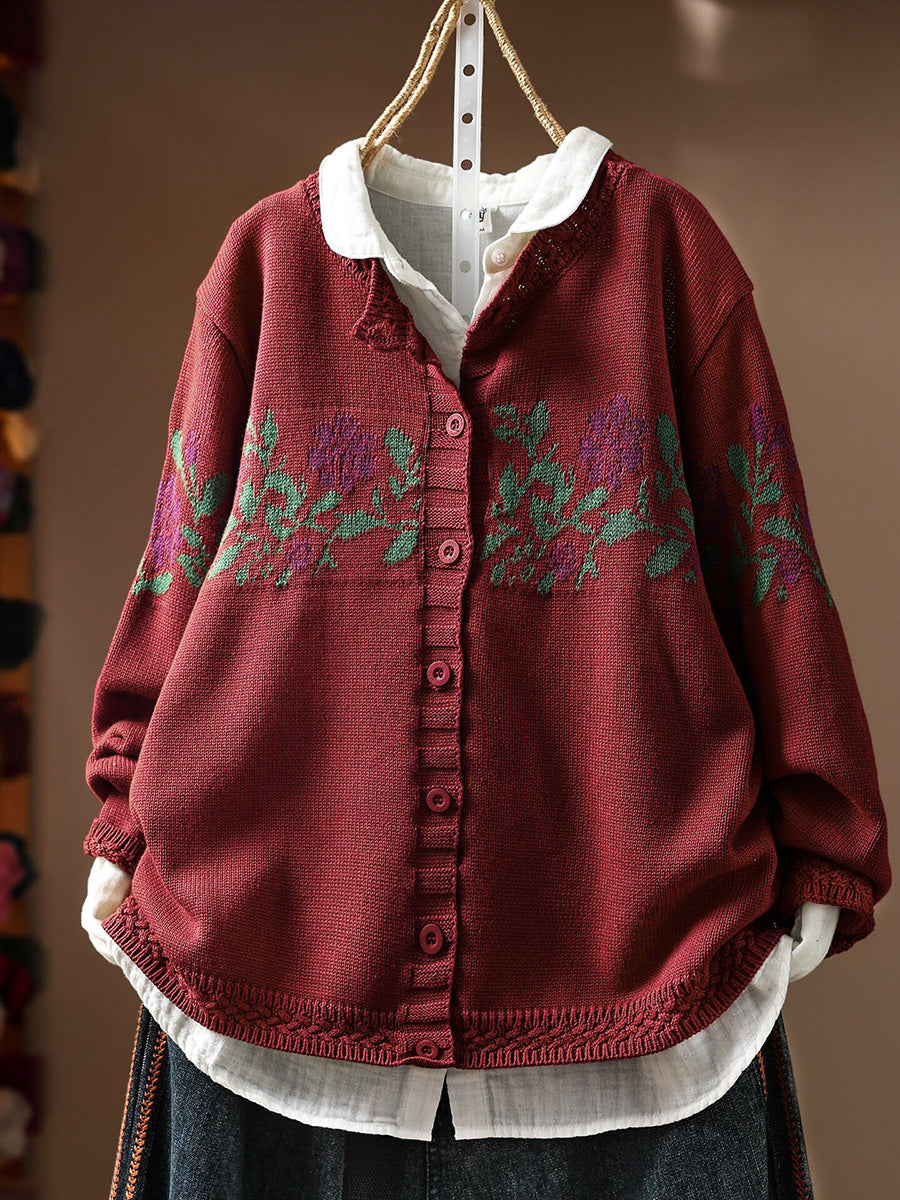 Women Artsy Floral Round Neck Loose Knit Cardigan