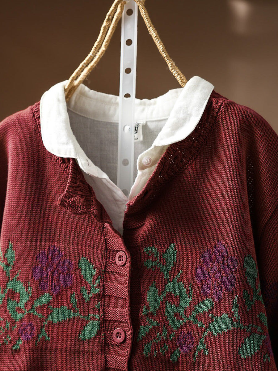 Women Artsy Floral Round Neck Loose Knit Cardigan