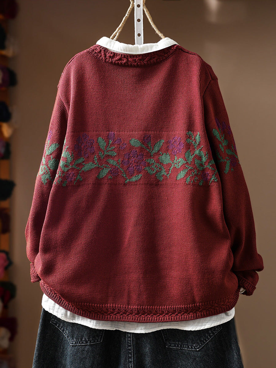 Women Artsy Floral Round Neck Loose Knit Cardigan