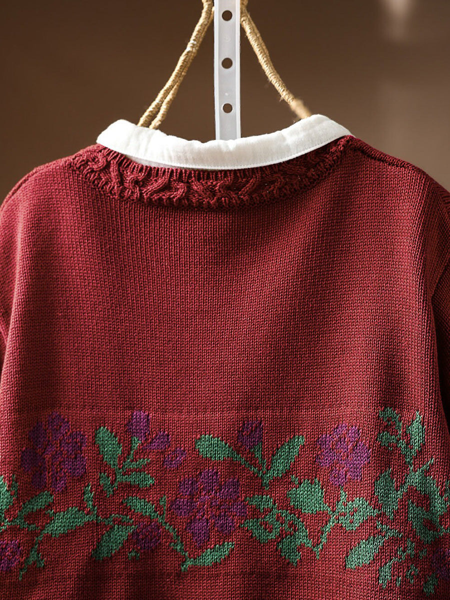 Women Artsy Floral Round Neck Loose Knit Cardigan