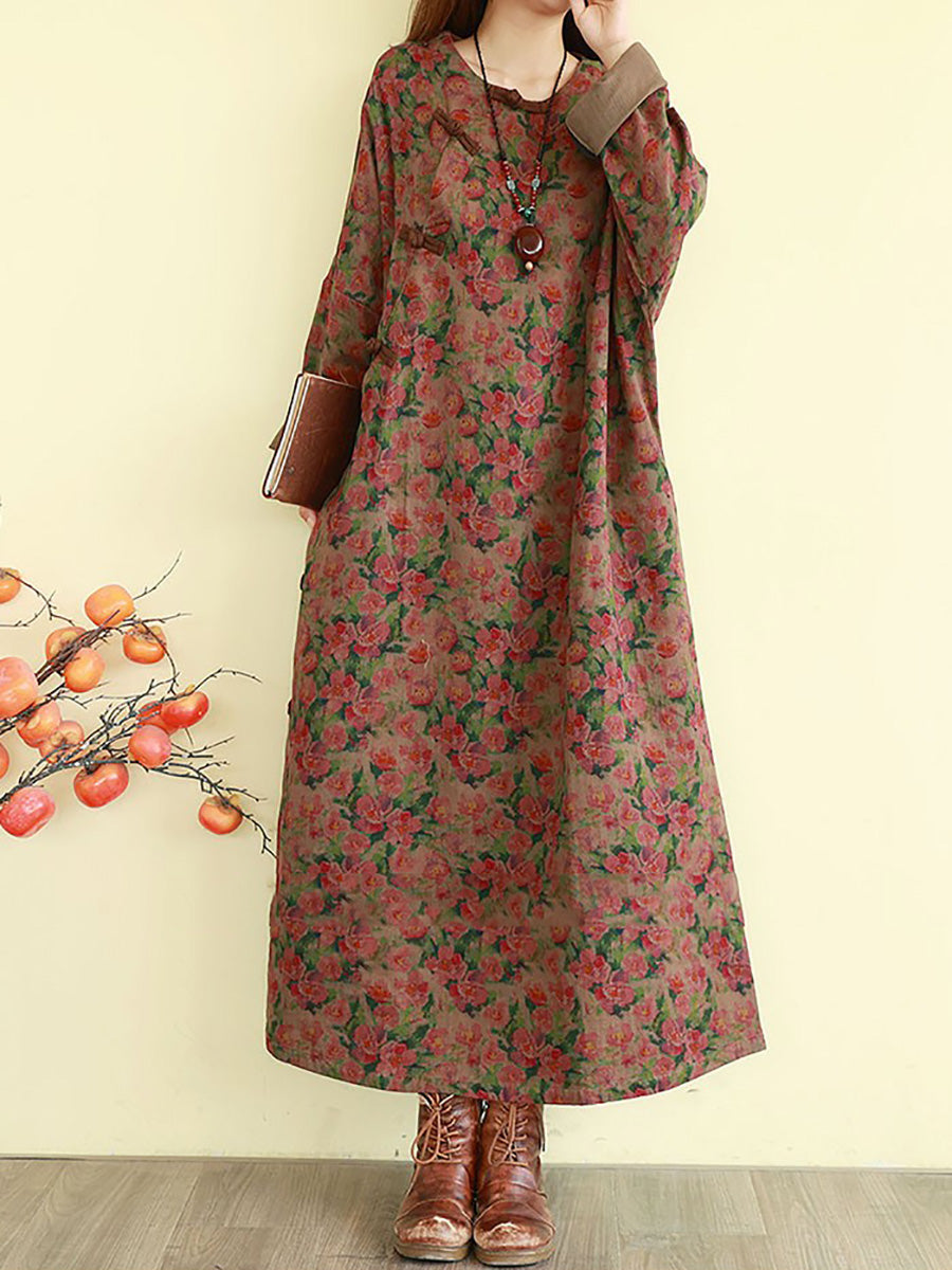 Women Fall Floral Vintage Long Sleeve Cotton Linen Maxi Dress