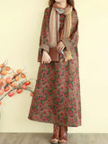 Women Fall Floral Vintage Long Sleeve Cotton Linen Maxi Dress