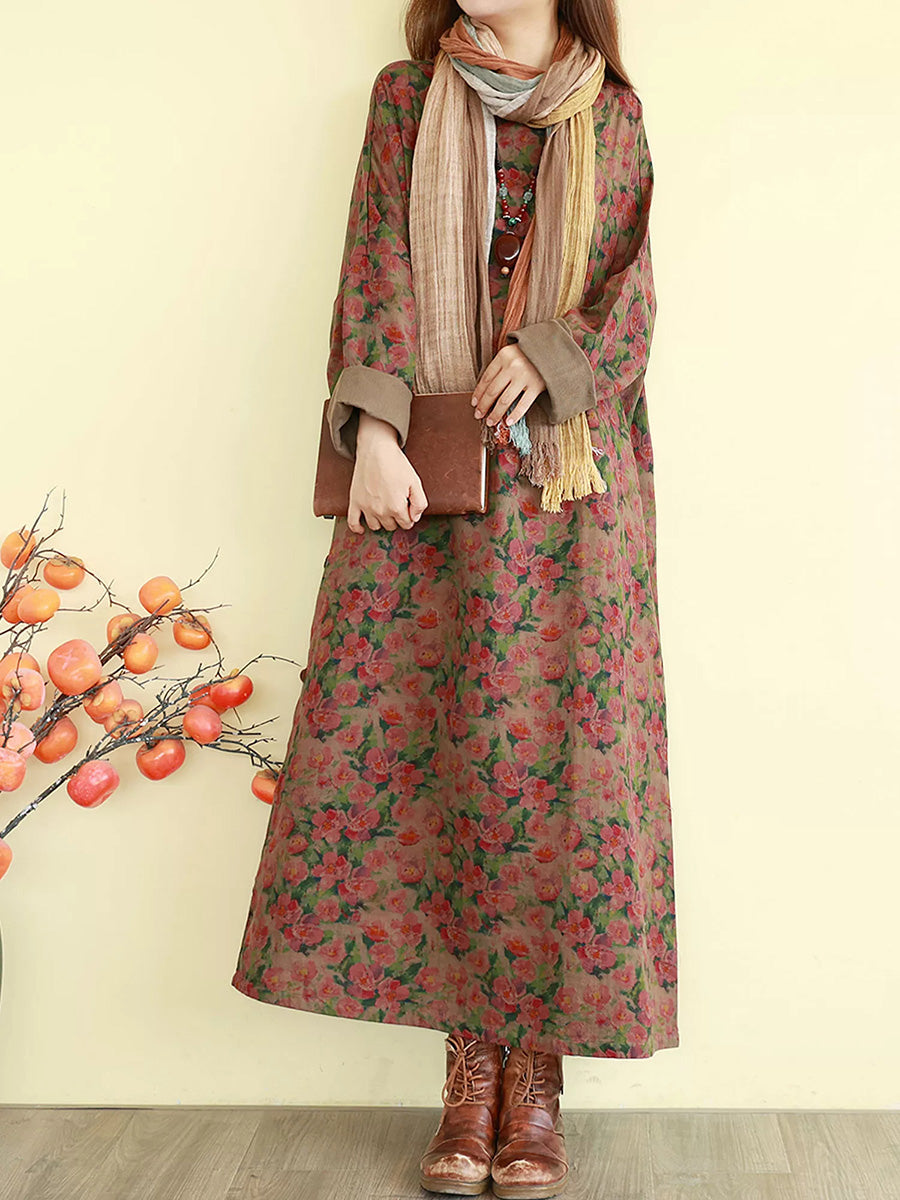 Women Fall Floral Vintage Long Sleeve Cotton Linen Maxi Dress