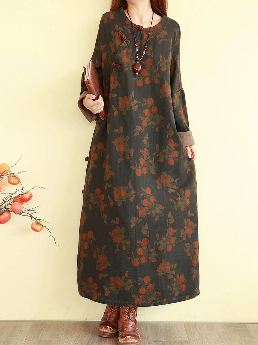 Women Fall Floral Vintage Long Sleeve Cotton Linen Maxi Dress