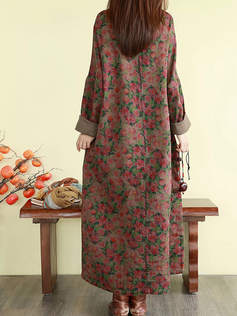 Women Fall Floral Vintage Long Sleeve Cotton Linen Maxi Dress