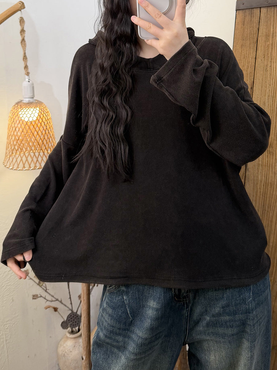 Women Vintage Distressed Lyocell Cotton Soft Fleece Hoodie