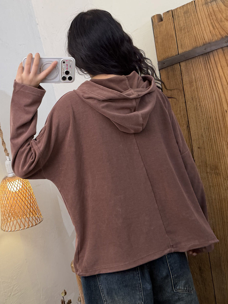 Women Vintage Distressed Lyocell Cotton Soft Fleece Hoodie
