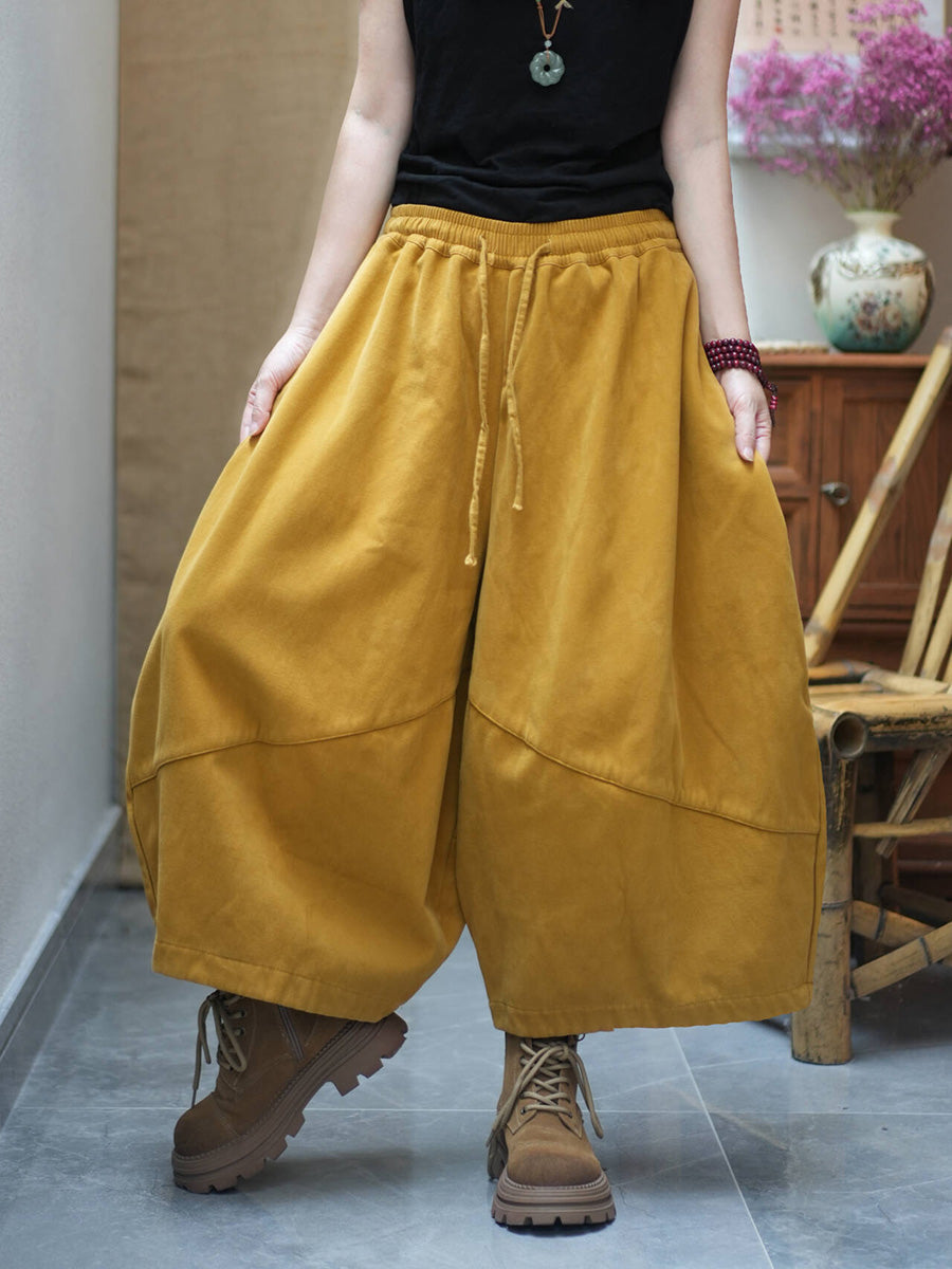 Women Winter Fleece-Lined Loose Cropped Wide-Leg Pants