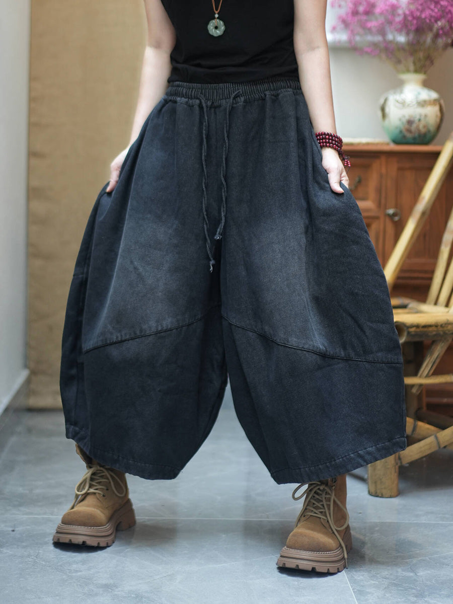 Women Winter Fleece-Lined Loose Cropped Wide-Leg Pants