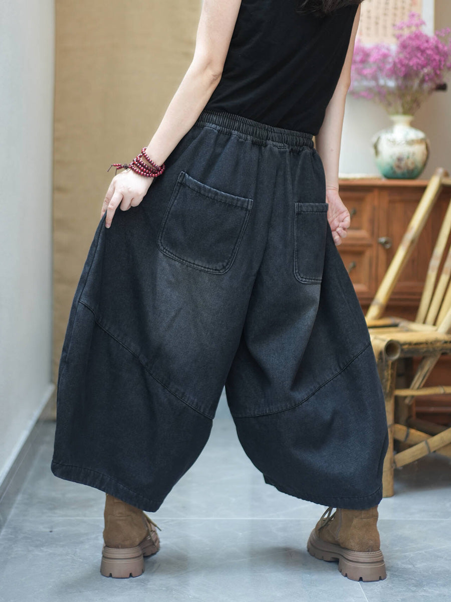Women Winter Fleece-Lined Loose Cropped Wide-Leg Pants