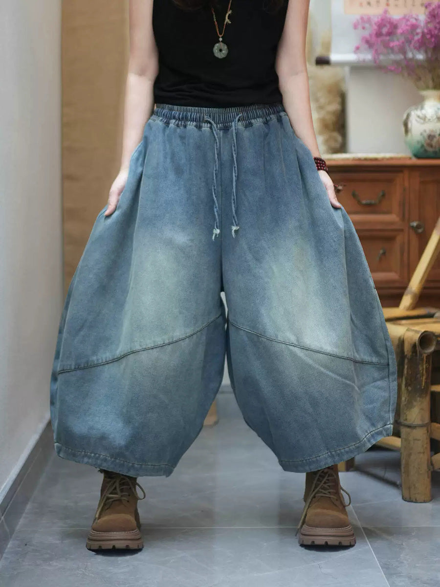 Women Winter Fleece-Lined Loose Cropped Wide-Leg Pants