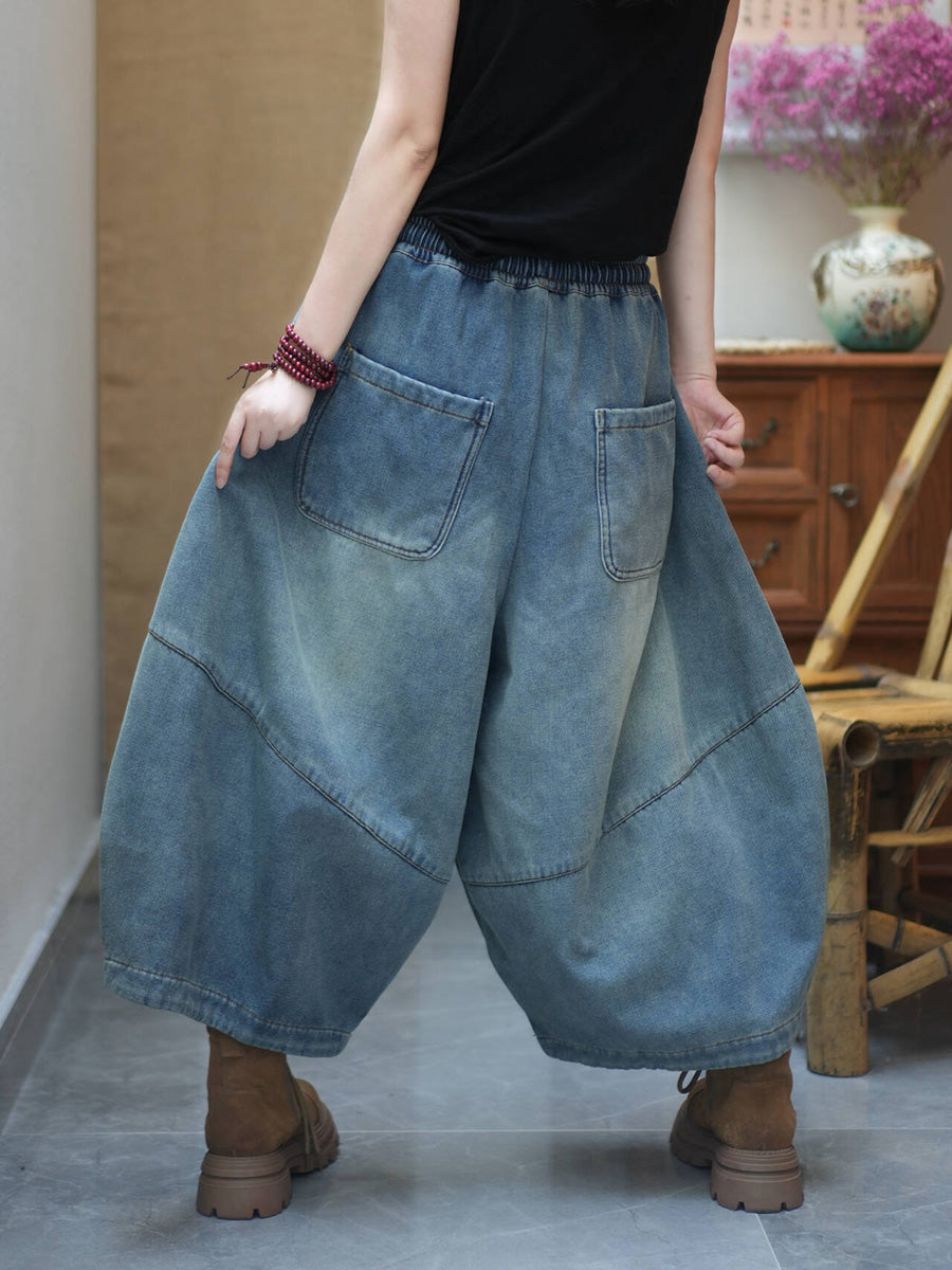 Women Winter Fleece-Lined Loose Cropped Wide-Leg Pants