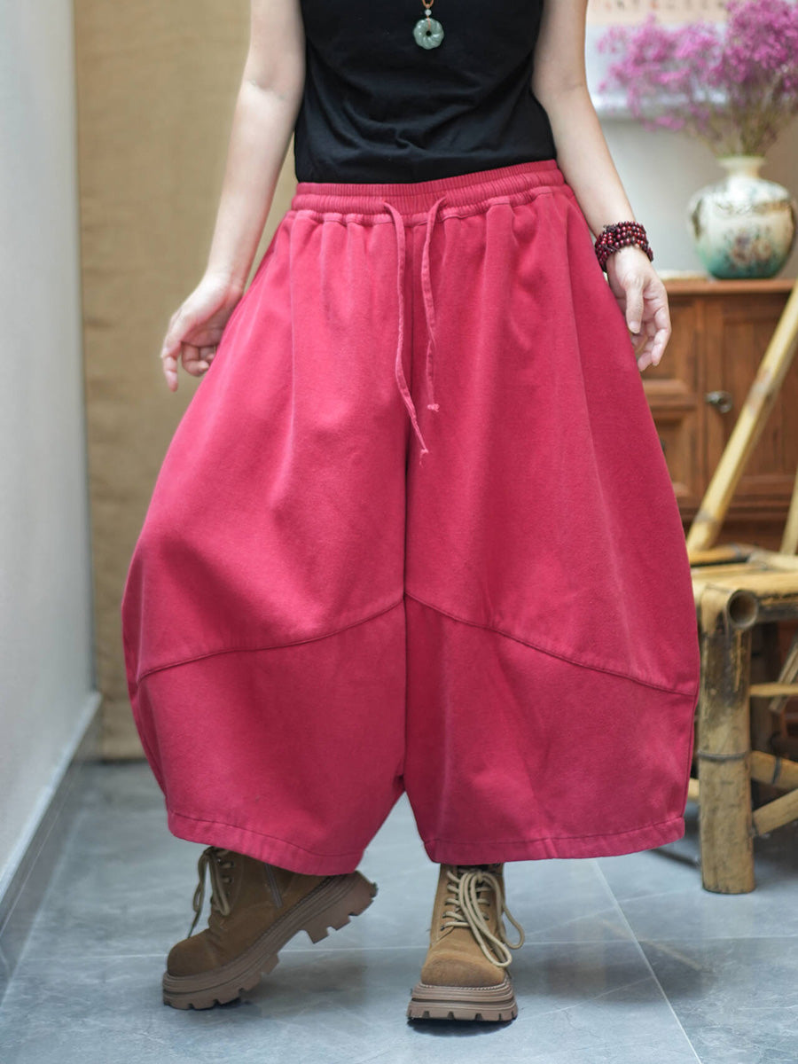 Women Winter Fleece-Lined Loose Cropped Wide-Leg Pants