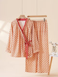 Women New Chinese Style Cotton Double-Layer Gauze V-Neck Tie Pajamas Set