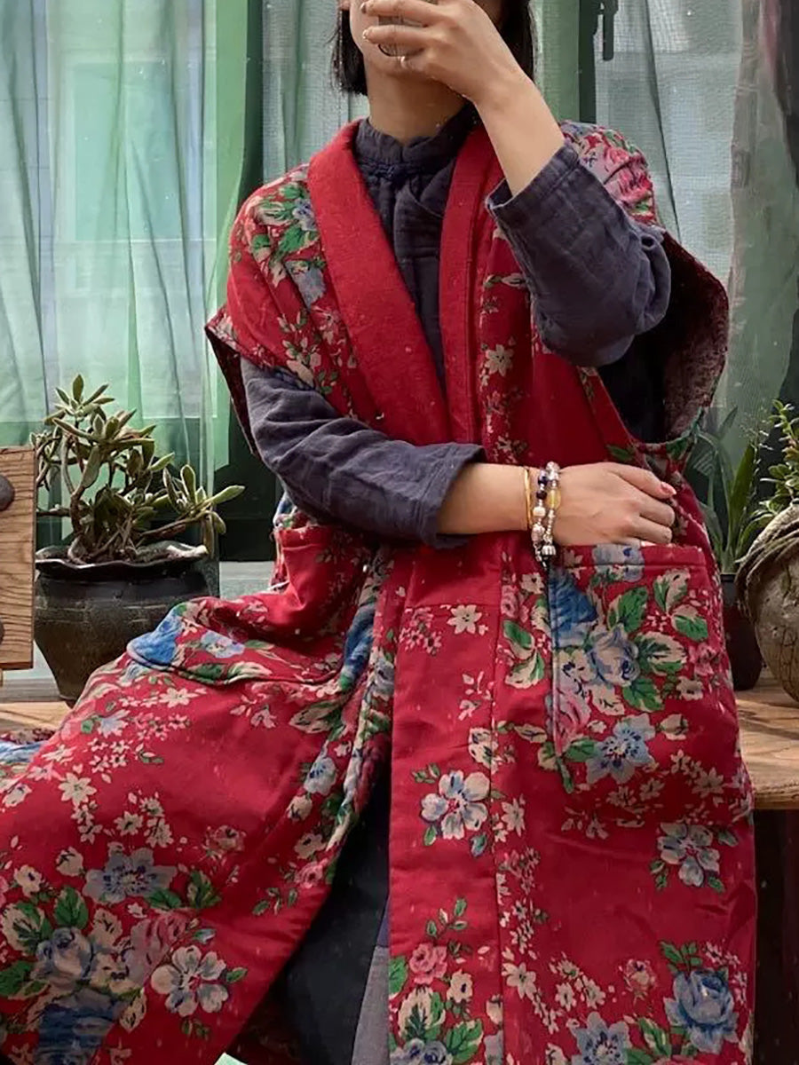Women Vintage Floral Cotton Sleeveless Padded Long Vest
