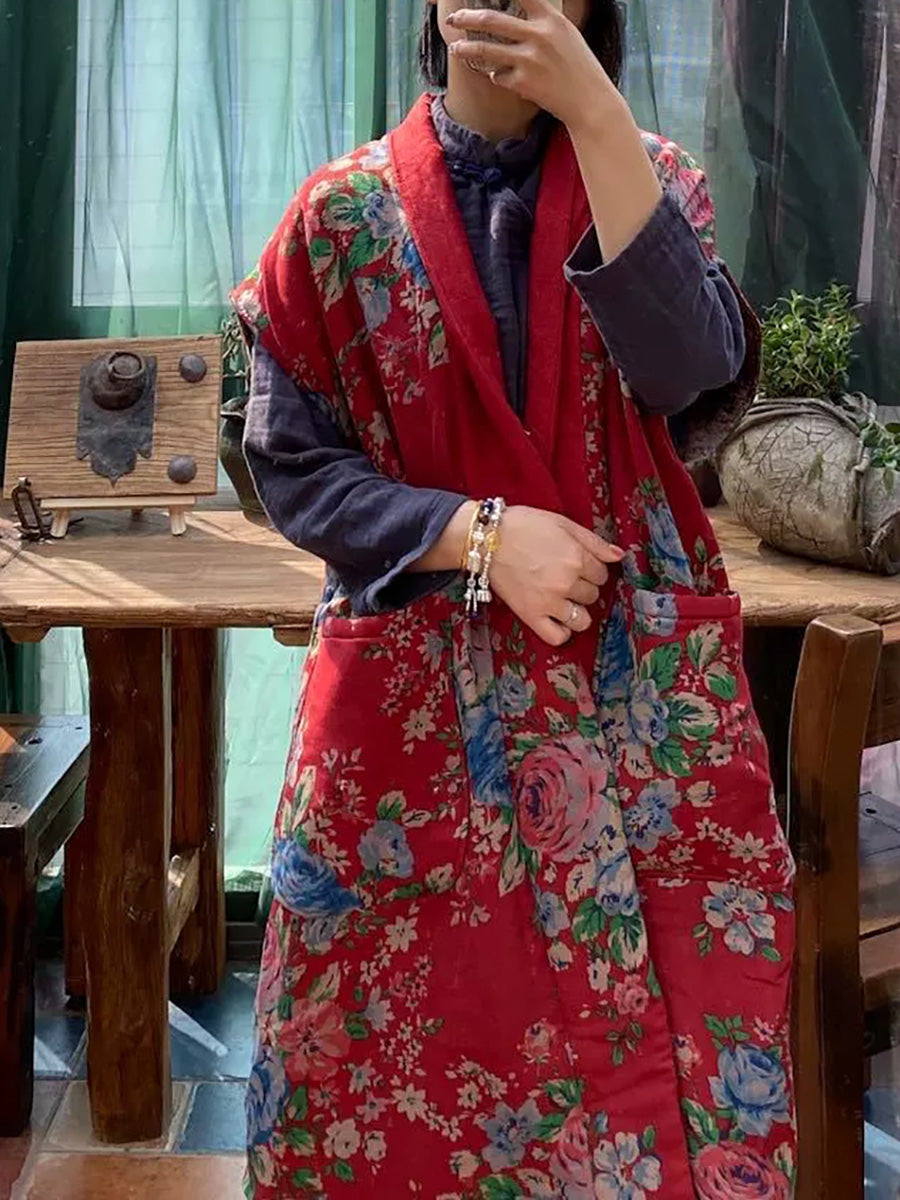 Women Vintage Floral Cotton Sleeveless Padded Long Vest