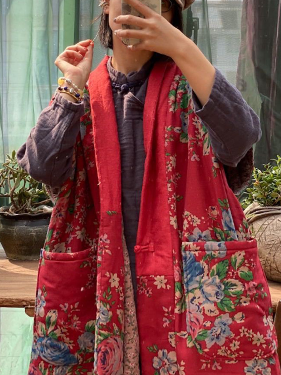 Women Vintage Floral Cotton Sleeveless Padded Long Vest