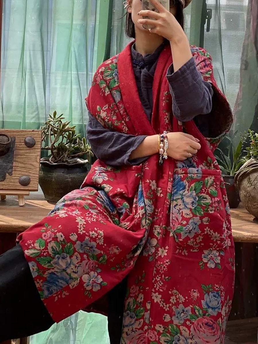 Women Vintage Floral Cotton Sleeveless Padded Long Vest