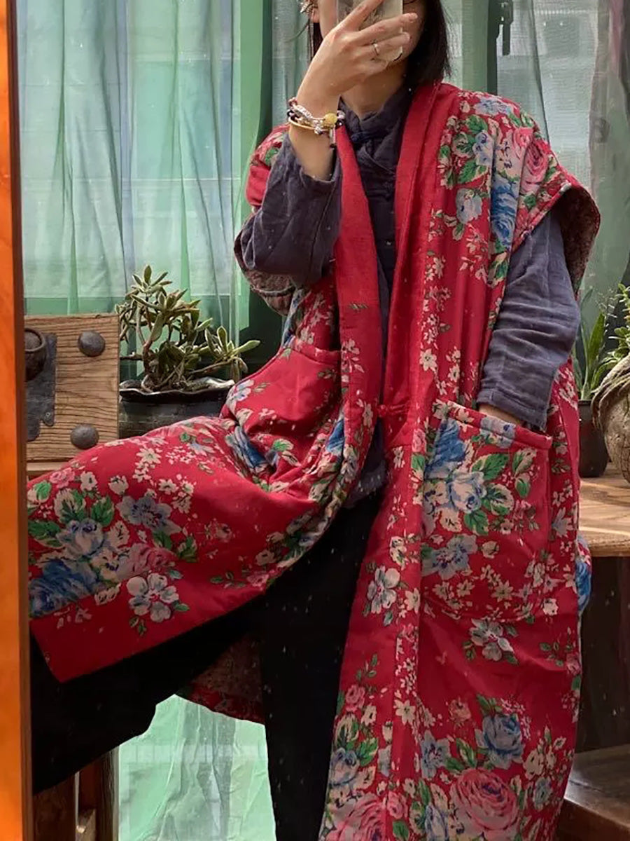 Women Vintage Floral Cotton Sleeveless Padded Long Vest