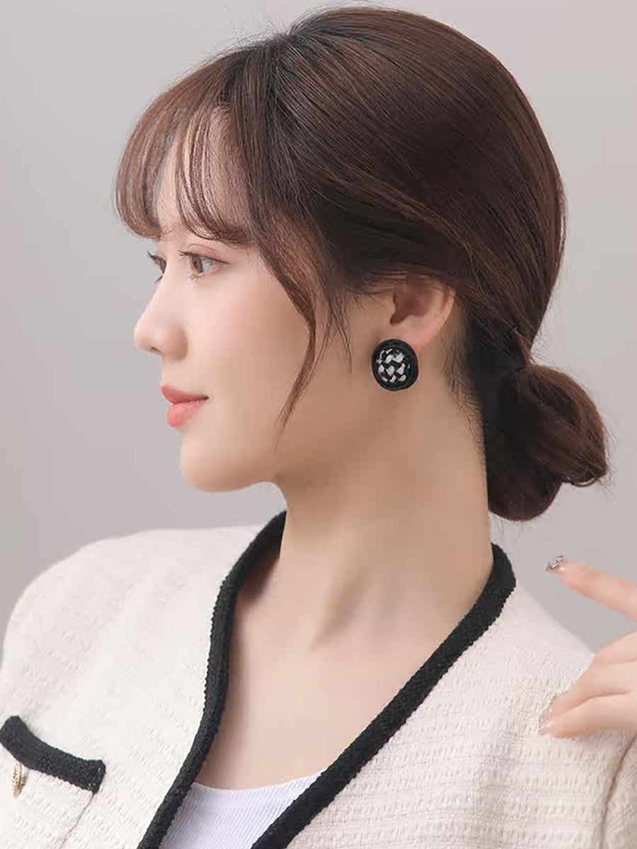 Women Vintage Plaid Fabric Stud Earrings