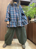 Women Vintage Plaid Ruffled Hem Long Sleeve Shirt