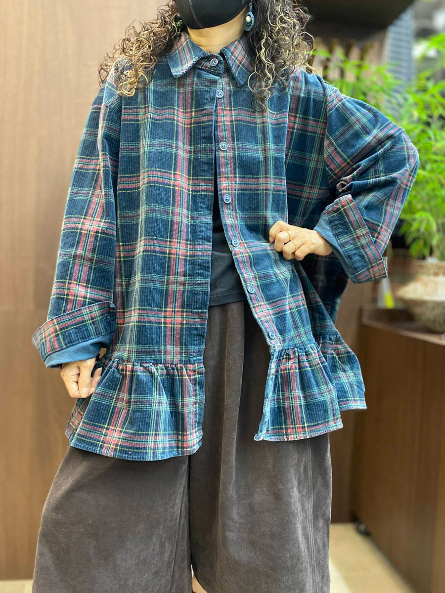 Women Vintage Plaid Ruffled Hem Long Sleeve Shirt