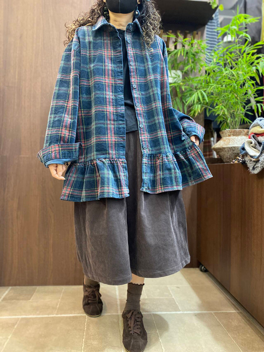 Women Vintage Plaid Ruffled Hem Long Sleeve Shirt