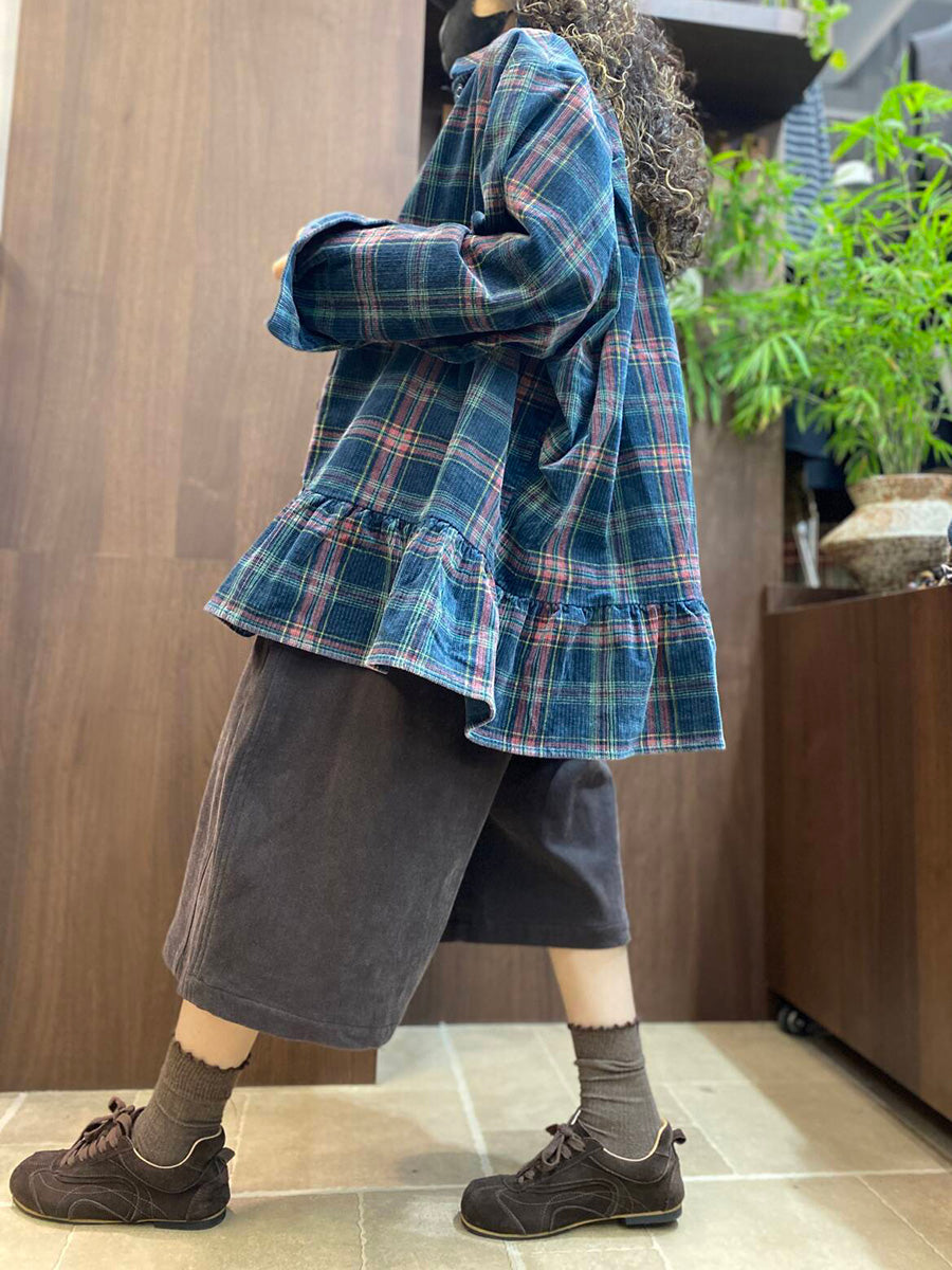 Women Vintage Plaid Ruffled Hem Long Sleeve Shirt