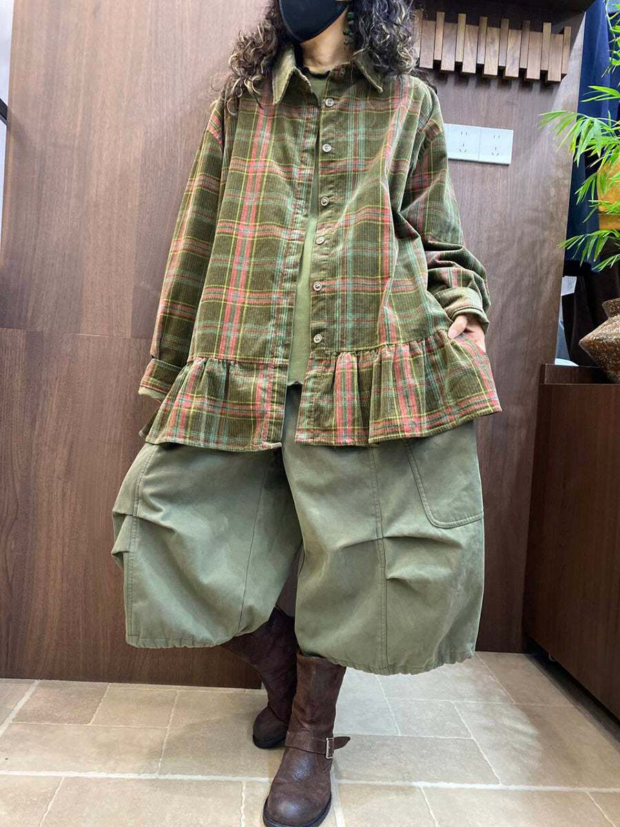 Women Vintage Plaid Ruffled Hem Long Sleeve Shirt