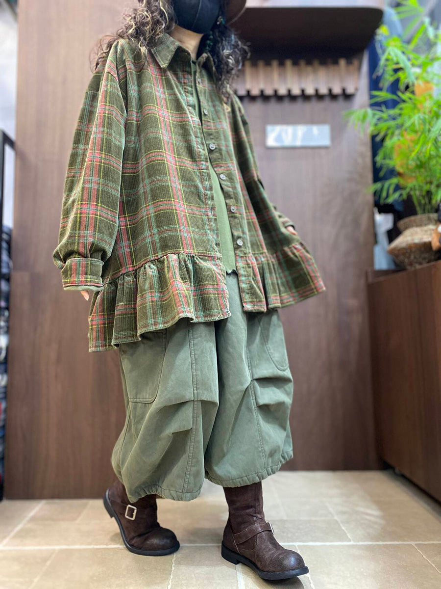 Women Vintage Plaid Ruffled Hem Long Sleeve Shirt