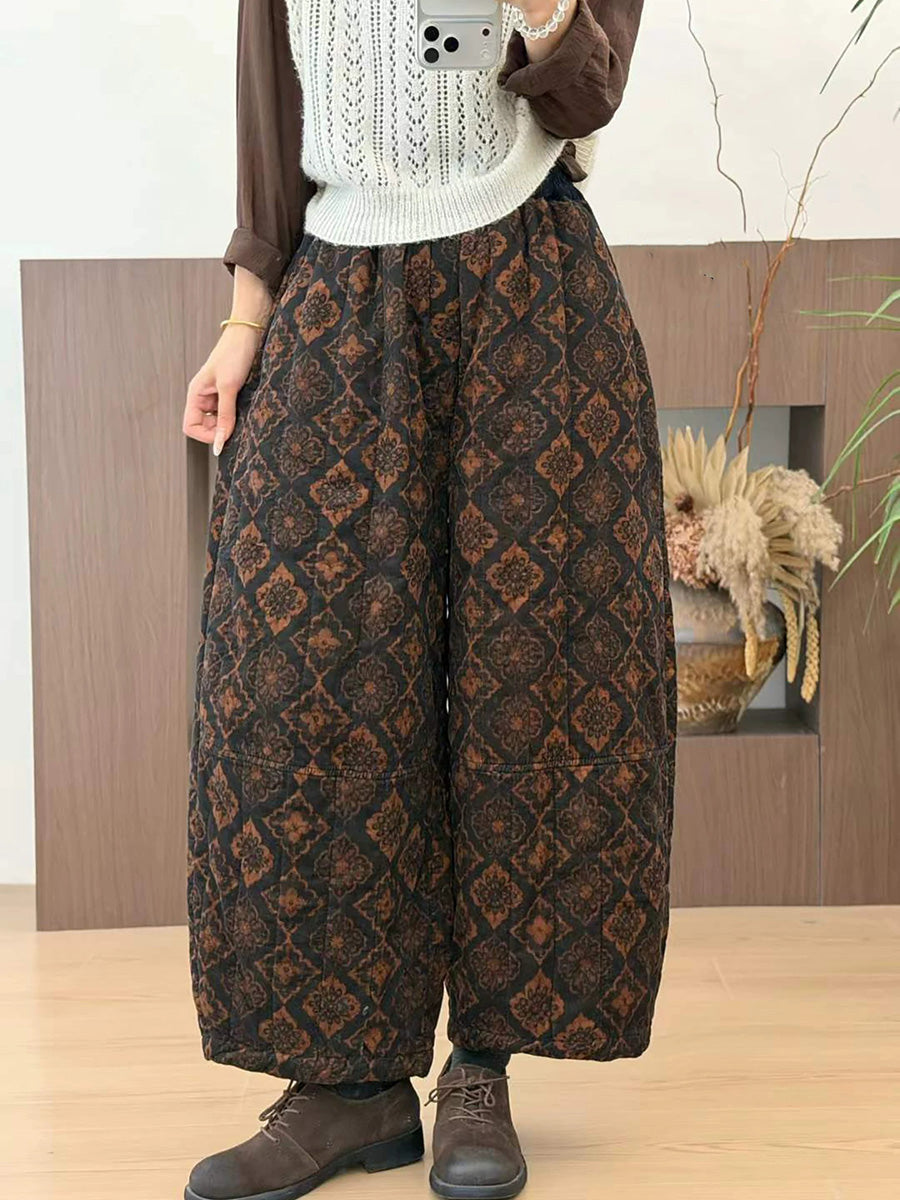 Women Winter Vintage Floral Thickened Warm Cotton Corduroy Pants