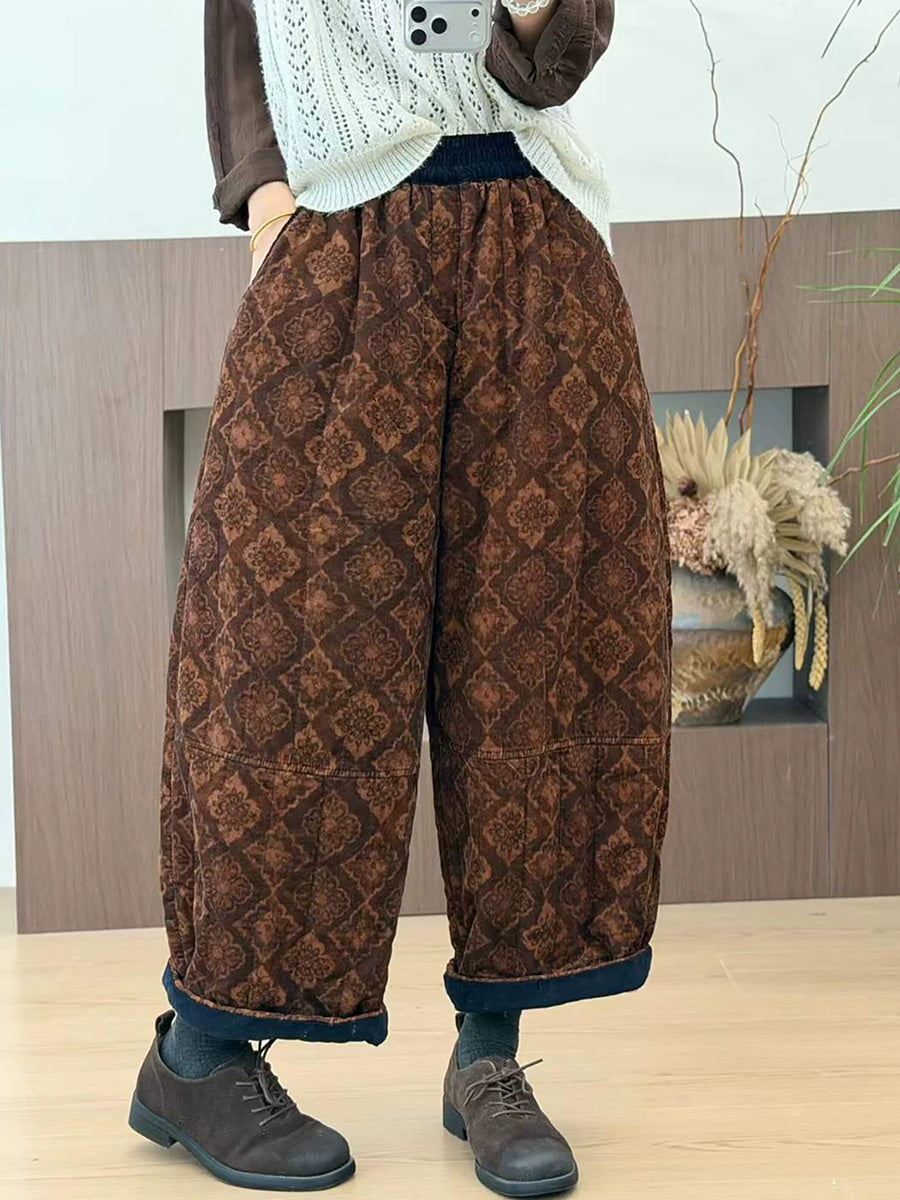 Women Winter Vintage Floral Thickened Warm Cotton Corduroy Pants