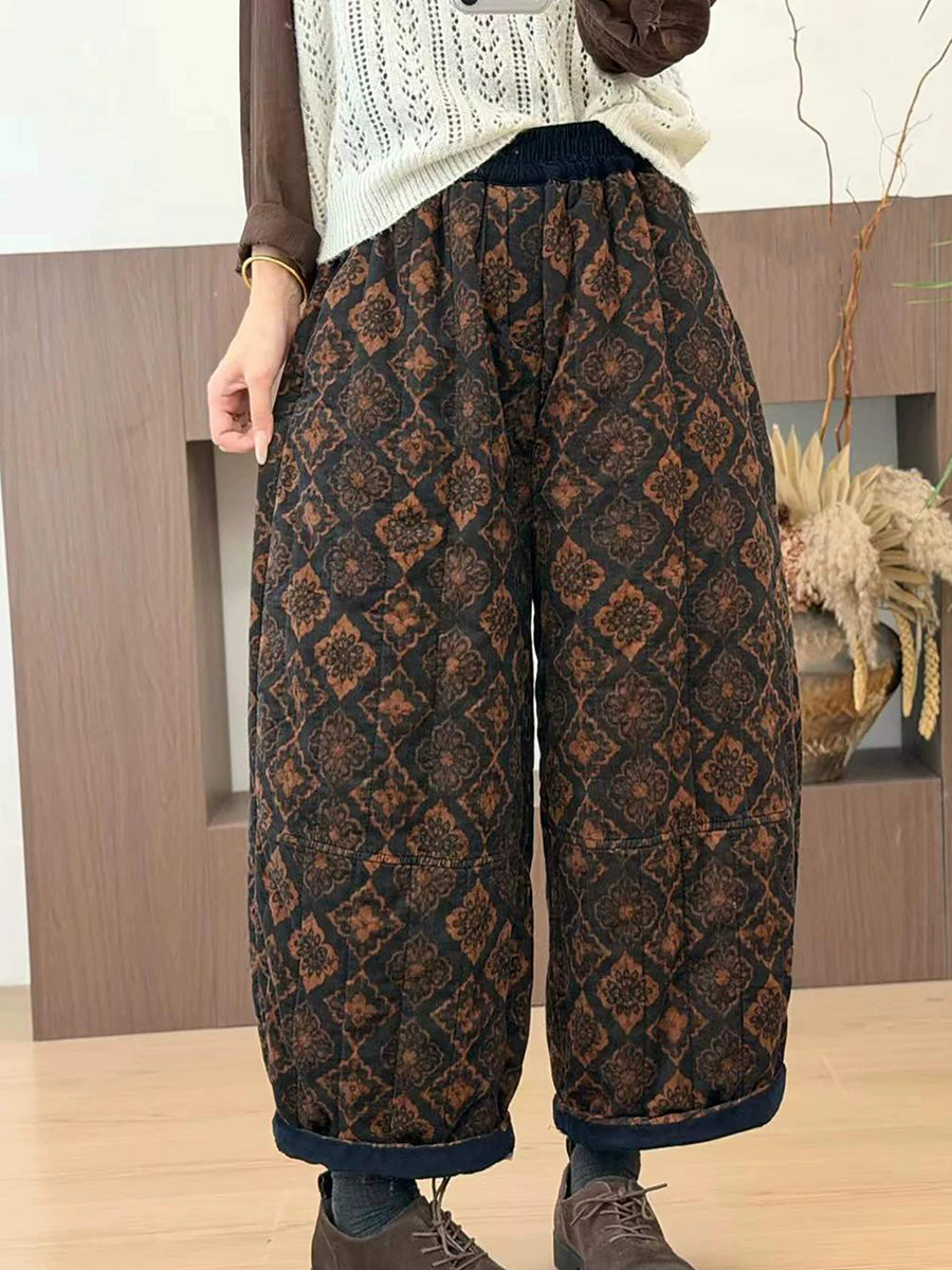 Women Winter Vintage Floral Thickened Warm Cotton Corduroy Pants