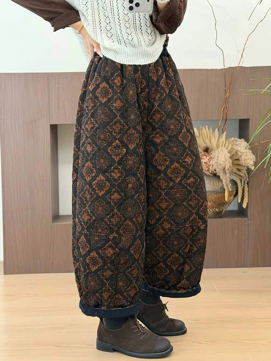 Women Winter Vintage Floral Thickened Warm Cotton Corduroy Pants