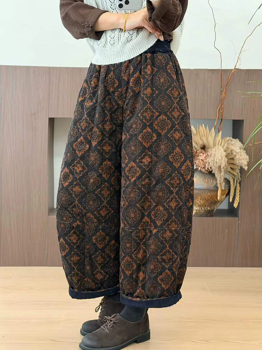 Women Winter Vintage Floral Thickened Warm Cotton Corduroy Pants