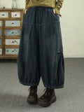 Women Vintage Jacquard Denim Drawstring Ruched Cropped Lantern Pants