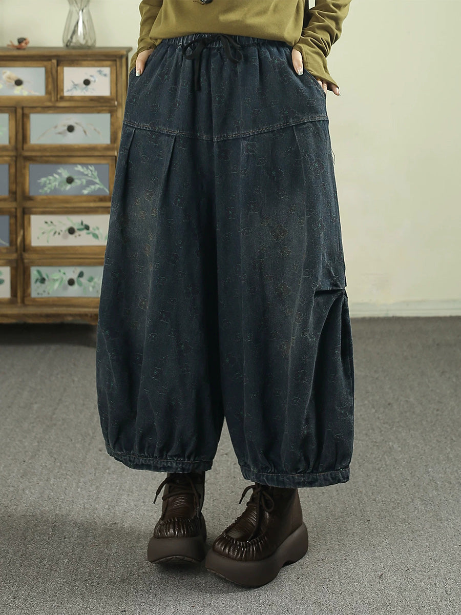 Women Vintage Jacquard Denim Drawstring Ruched Cropped Lantern Pants