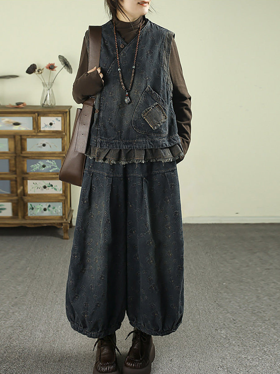 Women Vintage Jacquard Denim Drawstring Ruched Cropped Lantern Pants