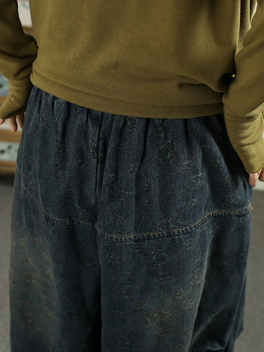 Women Vintage Jacquard Denim Drawstring Ruched Cropped Lantern Pants