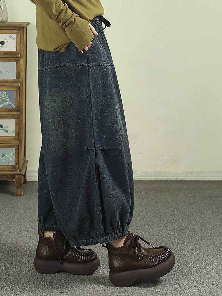 Women Vintage Jacquard Denim Drawstring Ruched Cropped Lantern Pants
