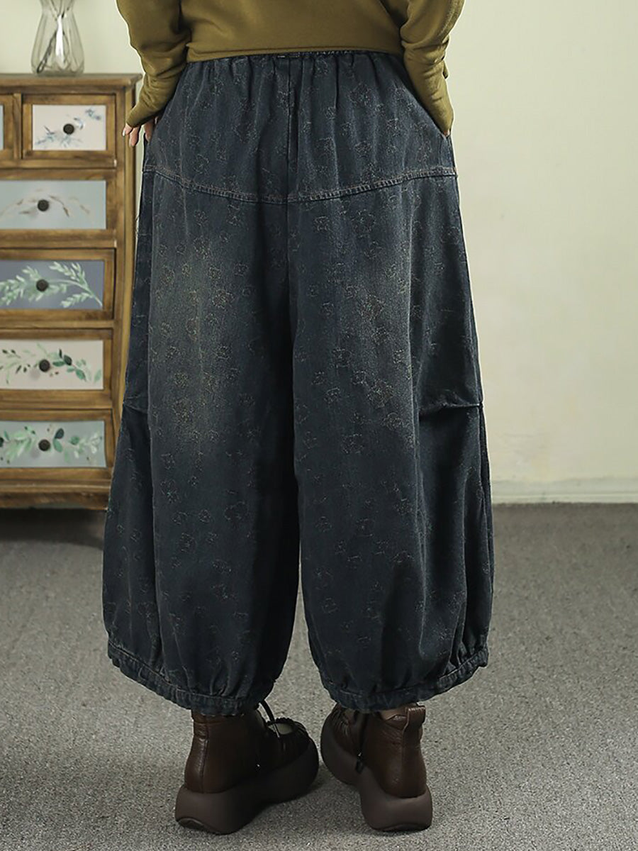 Women Vintage Jacquard Denim Drawstring Ruched Cropped Lantern Pants