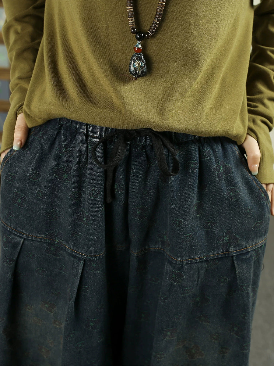 Women Vintage Jacquard Denim Drawstring Ruched Cropped Lantern Pants