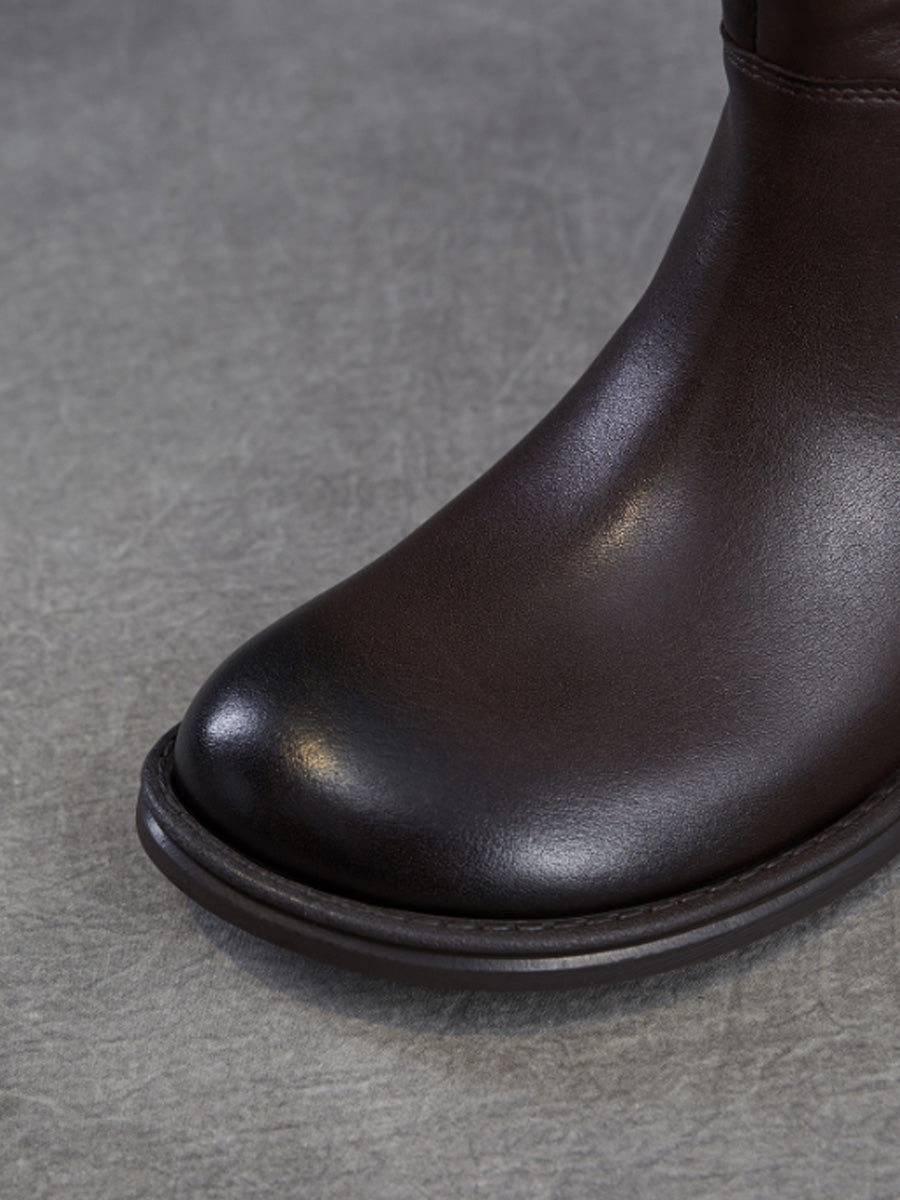 Women Top Grain Leather Vintage Ruched Ankle Boots
