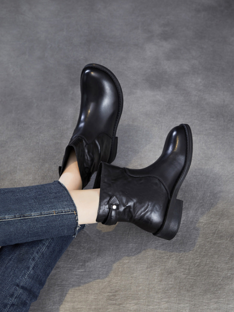 Women Top Grain Leather Vintage Ruched Ankle Boots