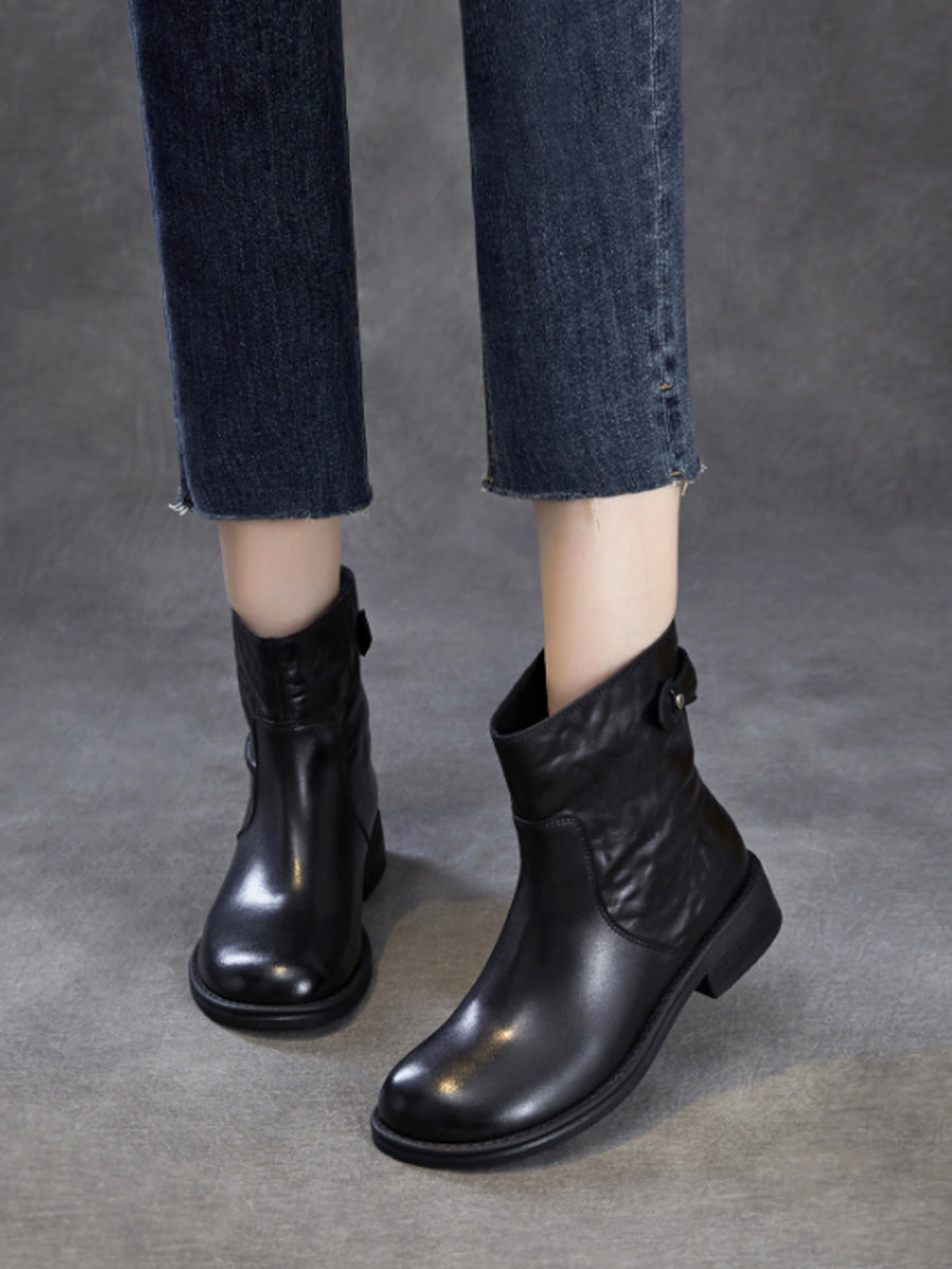 Women Top Grain Leather Vintage Ruched Ankle Boots