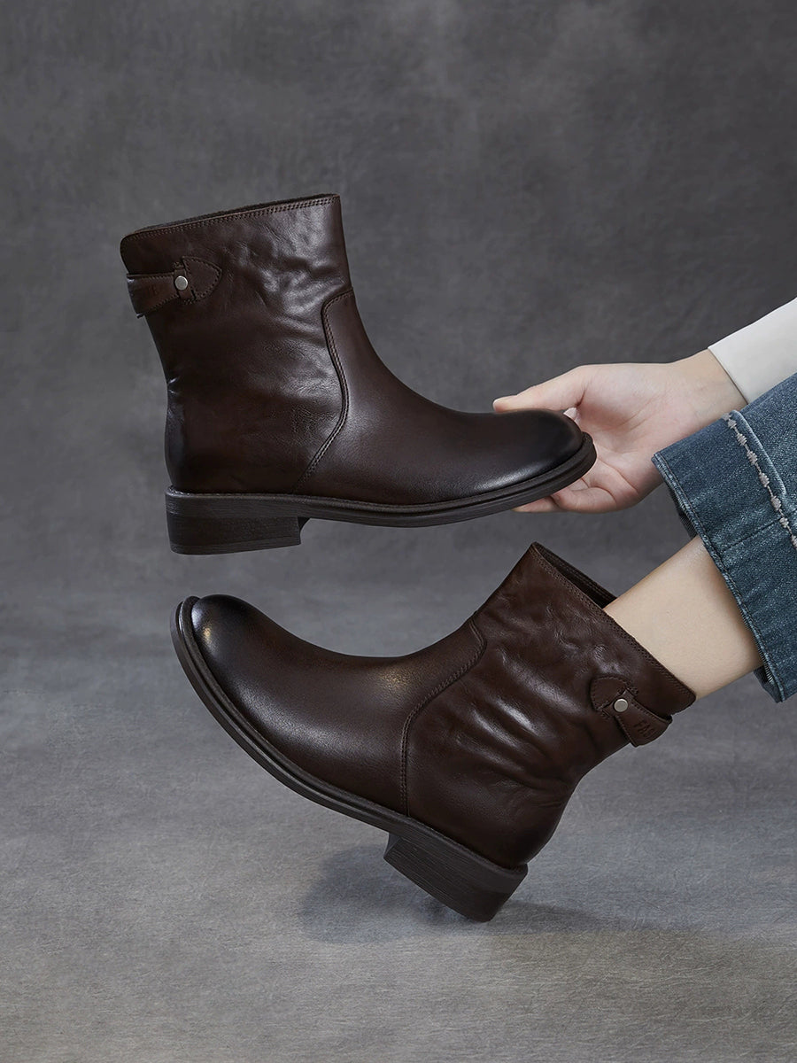 Women Top Grain Leather Vintage Ruched Ankle Boots