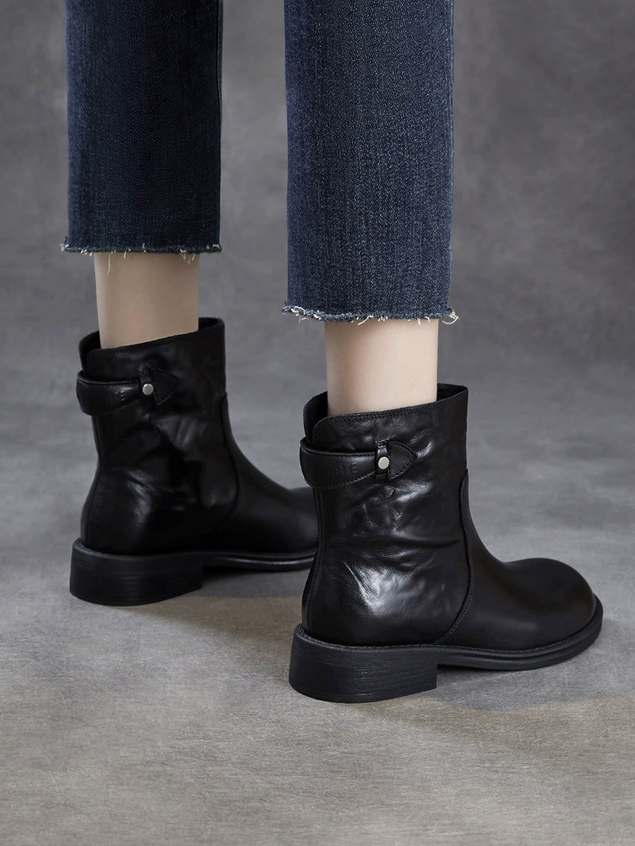 Women Top Grain Leather Vintage Ruched Ankle Boots