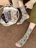 5 Pairs Women Embossed Mori-Style Vintage Literary Versatile Mid-Calf Socks